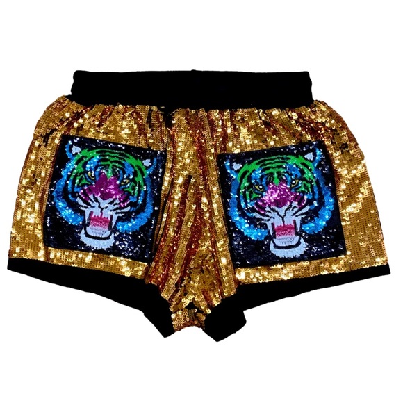 QUEEN OF SPARKLE GOLD RAINBOW TIGER SEQUIN SHORTS - Picture 2 of 4